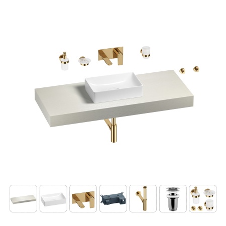 Раковина 42 см со столешницей 120 см Wellsee Pure BY Wellsee 201010898 в наборе 9 в 1: столешница, раковина, встраиваемый смеситель, сифон, выпуск, аксессуары (цвет набора золото)