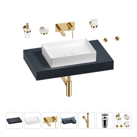 Раковина 50 см со столешницей 80 см Wellsee Pure BY Wellsee 201011108 в наборе 9 в 1: столешница, раковина, встраиваемый смеситель, сифон, выпуск, аксессуары (цвет набора золото)