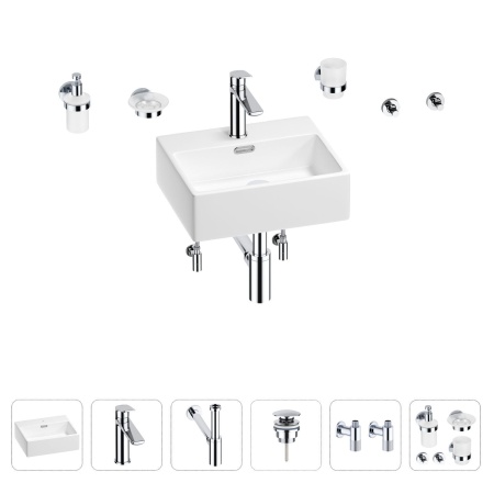 Раковина для ванной Wellsee Graceful Pro 201006601 в наборе 9 в 1: раковина белого глянцевого цвета, смеситель, сифон, донный клапан, угловые вентили, аксессуары (цвет набора хром)