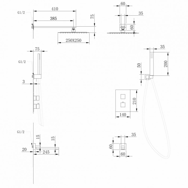 Душевая система ABBER Daheim AF8250NG скрытого монтажа с изливом, термостат, никель