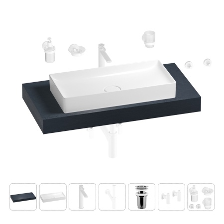 Раковина 75 см со столешницей 100 см Wellsee Pure BY Wellsee 201011580 в наборе 10 в 1: столешница, раковина, высокий смеситель, сифон, выпуск, кран-вентили, аксессуары (цвет матовый белый)