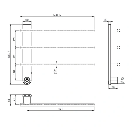 AQM3113BG Полотенцесушитель электрический  520*384 c терморегуляторм, цвет: золото шлифованное.