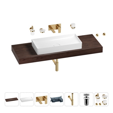 Раковина 75 см со столешницей 140 см Wellsee Pure BY Wellsee 201011863 в наборе 9 в 1: столешница, раковина, встраиваемый смеситель, сифон, выпуск, аксессуары (цвет набора золото)