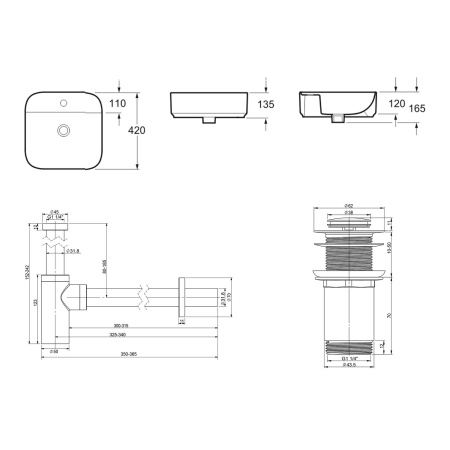Комплект 3 в 1 Lavinia Boho Bathroom Sink 21520275: накладная фарфоровая раковина 42 см, металлический сифон, донный клапан