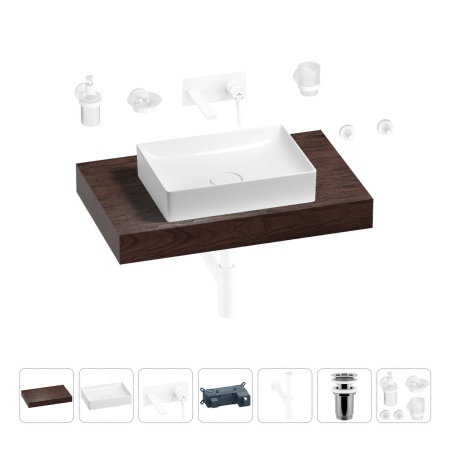 Раковина 50 см со столешницей 80 см Wellsee Pure BY Wellsee 201011150 в наборе 9 в 1: столешница, раковина, встраиваемый смеситель, сифон, выпуск, аксессуары (цвет набора матовый белый)