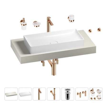 Раковина 75 см со столешницей 100 см Wellsee Pure BY Wellsee 201011554 в наборе 10 в 1: столешница, раковина, высокий смеситель, сифон, выпуск, кран-вентили, аксессуары (цвет розовое золото)