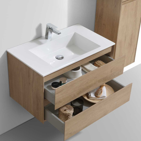 Тумба Vincea Luka 800 подвесная, 2 выкатных ящика soft-close, N.Oak с умывальником VCB-13800W из искусственного камня, цвет белый