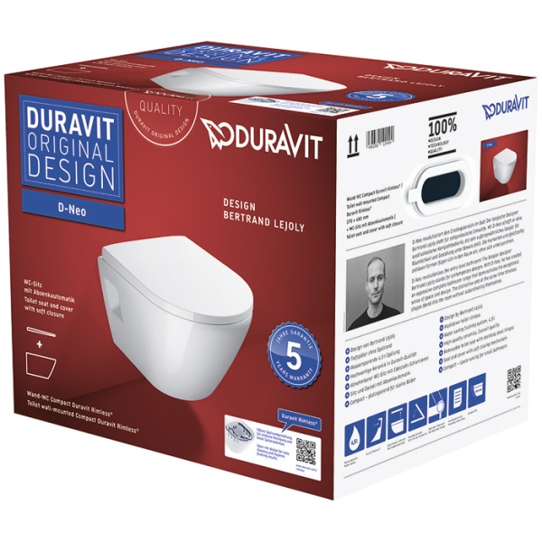 Duravit D-Neo Унитаз подвесной 37x48 см, безободковый, в комплекте с сиденьем 0021690000, цвет: белый 45870900A1 (2587090000+0021690000)
