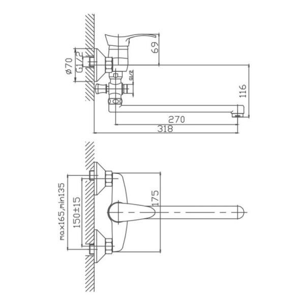 Смеситель для ванны Cron CN2114, хром