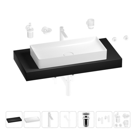Раковина 75 см со столешницей 100 см Wellsee Pure BY Wellsee 201011660 в наборе 10 в 1: столешница, раковина, высокий смеситель, сифон, выпуск, кран-вентили, аксессуары (цвет матовый белый)