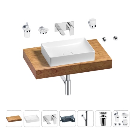 Раковина 50 см со столешницей 80 см Wellsee Pure BY Wellsee 201011121 в наборе 9 в 1: столешница, раковина, встраиваемый смеситель, сифон, выпуск, аксессуары (цвет набора хром)
