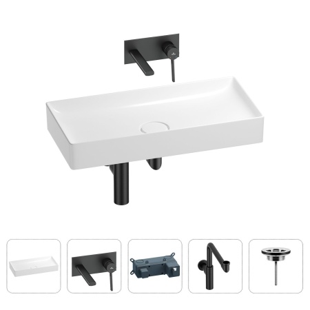 Раковина для ванной Wellsee Pure BY Wellsee 201002797 в наборе 4 в 1: раковина белого глянцевого цвета, встраиваемый смеситель, сифон, выпуск (цвет набора матовый черный)