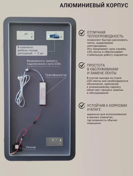 Зеркало EMZE Led Смартфон с подсветкой и УФ-окантовкой 50x100 (черный)