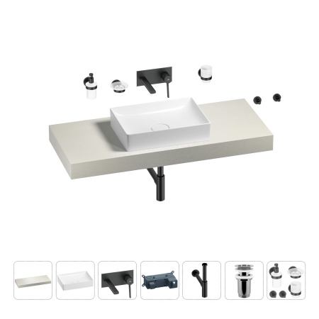 Раковина 50 см со столешницей 120 см Wellsee Pure BY Wellsee 201011327 в наборе 9 в 1: столешница, раковина, встраиваемый смеситель, сифон, выпуск, аксессуары (цвет набора матовый черный)
