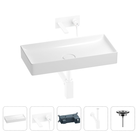 Раковина для ванной Wellsee Pure BY Wellsee 201002740 в наборе 4 в 1: раковина белого глянцевого цвета, встраиваемый смеситель, сифон, выпуск (цвет набора матовый белый)