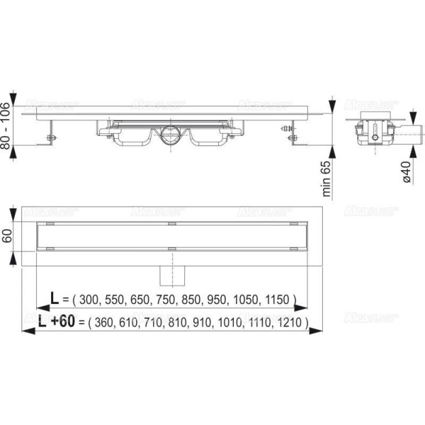 Водоотводящий желоб с порогами для цельной решетки Alcaplast Alcaplast Professional Low APZ106-950
