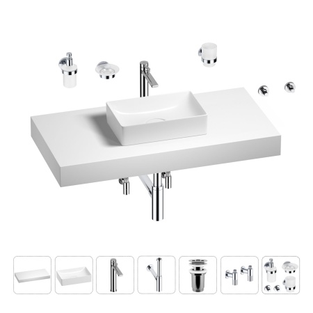 Раковина 42 см со столешницей 100 см Wellsee Pure BY Wellsee 201010861 в наборе 10 в 1: столешница, раковина, высокий смеситель, сифон, выпуск, кран-вентили, аксессуары (цвет хром)