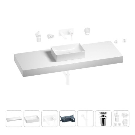 Раковина 42 см со столешницей 140 см Wellsee Pure BY Wellsee 201011055 в наборе 9 в 1: столешница, раковина, встраиваемый смеситель, сифон, выпуск, аксессуары (цвет набора матовый белый)