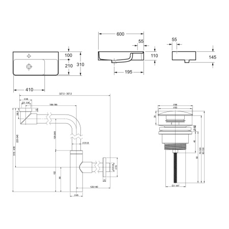 Комплект 3 в 1 Lavinia Boho Bathroom Sink 21520539: накладная фарфоровая раковина 60 см, металлический сифон, донный клапан