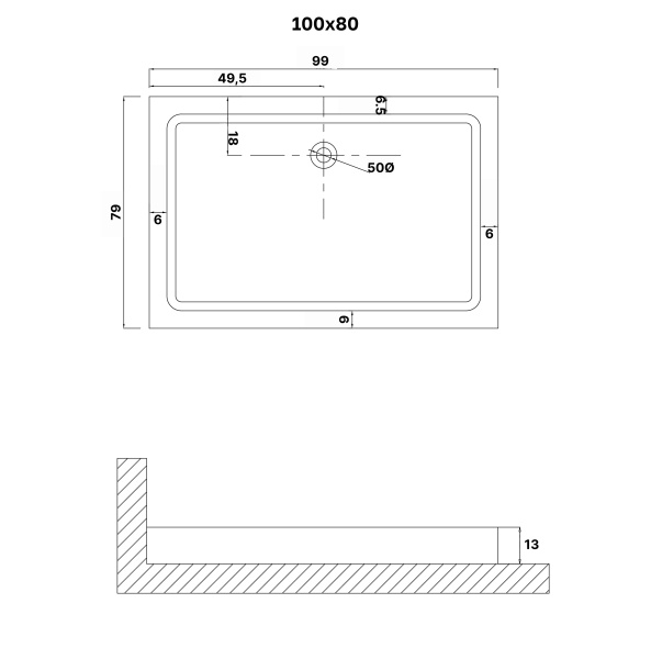 Душевой поддон NG-P1080-14Q (100х80х13) прямоугольник,1 место