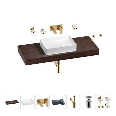 Раковина 50 см со столешницей 120 см Wellsee Pure BY Wellsee 201011383 в наборе 9 в 1: столешница, раковина, встраиваемый смеситель, сифон, выпуск, аксессуары (цвет набора золото)