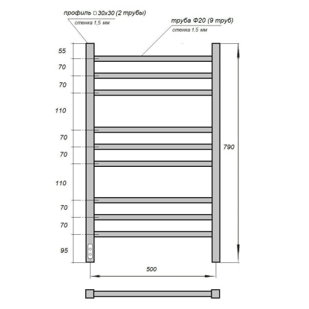 Полотенцесушитель электрический Point PN70758W П9 500x800, диммер слева, белый