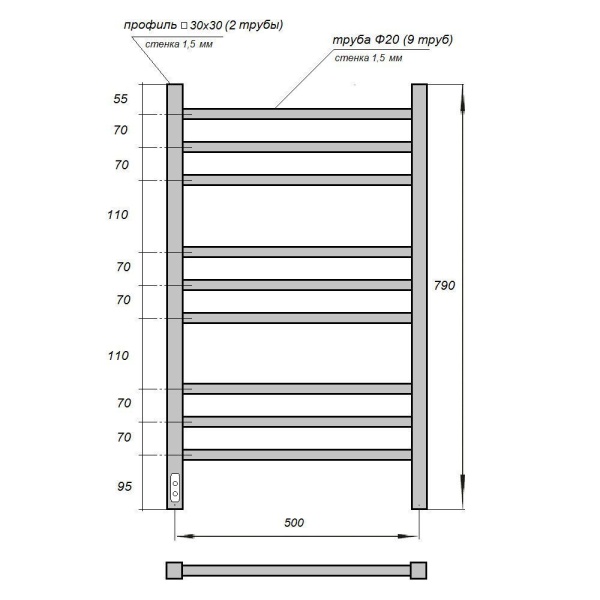 Полотенцесушитель электрический Point PN70758W П9 500x800, диммер слева, белый