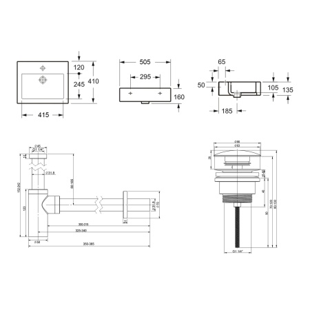Комплект 3 в 1 Lavinia Boho Bathroom Sink 21520659: накладная фарфоровая раковина 50.5 см, металлический сифон, донный клапан