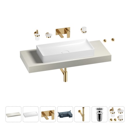 Раковина 75 см со столешницей 120 см Wellsee Pure BY Wellsee 201011683 в наборе 9 в 1: столешница, раковина, встраиваемый смеситель, сифон, выпуск, аксессуары (цвет набора золото)