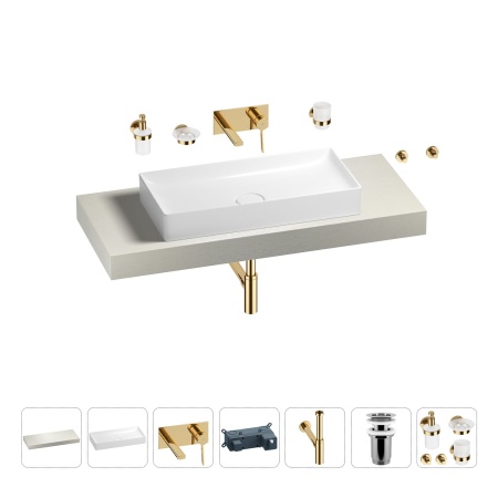 Раковина 75 см со столешницей 120 см Wellsee Pure BY Wellsee 201011688 в наборе 9 в 1: столешница, раковина, встраиваемый смеситель, сифон, выпуск, аксессуары (цвет набора золото)