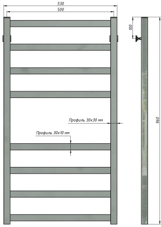 Полотенцесушитель водяной Stinox Prestige 500x1000, нижнее подключение, черный матовый, 1/2" ВР (внутренняя резьба), 8 перекладин