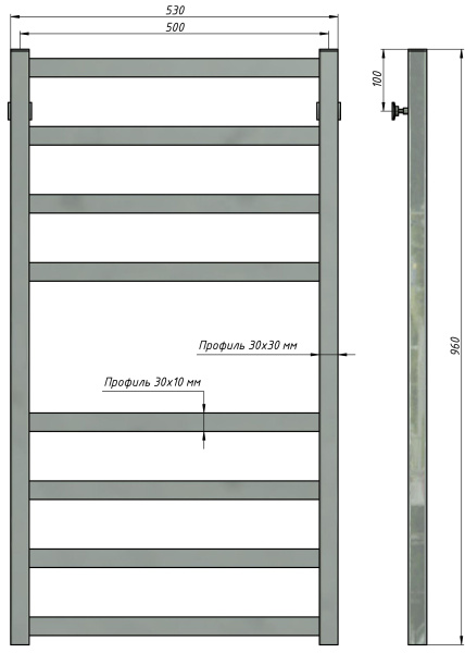 Полотенцесушитель водяной Stinox Prestige 500x1000, нижнее подключение, черный матовый, 1/2" ВР (внутренняя резьба), 8 перекладин