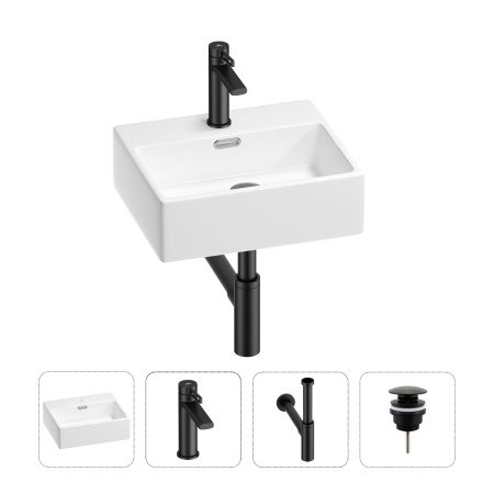 Раковина для ванной Wellsee Graceful Pro 201002887 в наборе 4 в 1: раковина белого глянцевого цвета, смеситель, сифон, донный клапан (цвет набора матовый черный)