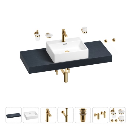 Раковина 50 см со столешницей 120 см Wellsee Graceful Pro 201012528 в наборе 10 в 1: столешница, раковина, смеситель, сифон, донный клапан, угловые вентили, аксессуары (цвет золото)