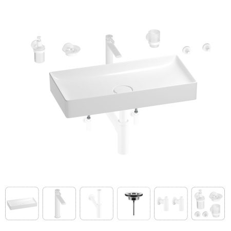 Раковина для ванной Wellsee Pure BY Wellsee 201006520 в наборе 9 в 1: раковина белого глянцевого цвета, высокий смеситель, сифон, выпуск, угловые вентили, аксессуары (цвет матовый белый)