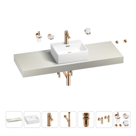 Раковина 43 см со столешницей 140 см Wellsee Graceful Pro 201012339 в наборе 10 в 1: столешница, раковина, смеситель, сифон, донный клапан, угловые вентили, аксессуары (цвет розовое золото)