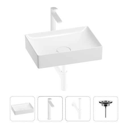 Раковина для ванной Wellsee Pure BY Wellsee 201002665 в наборе 4 в 1: раковина белого глянцевого цвета, высокий смеситель, сифон, выпуск (цвет набора матовый белый)