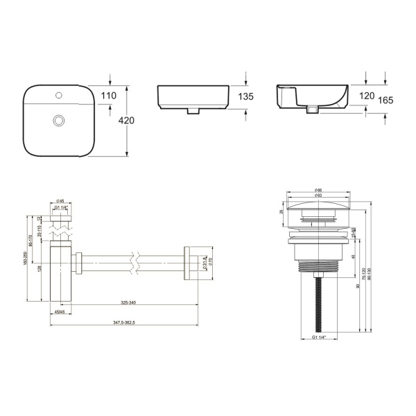 Комплект 3 в 1 Lavinia Boho Bathroom Sink 21520294: накладная фарфоровая раковина 42 см, металлический сифон, донный клапан