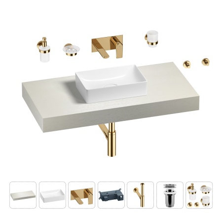 Раковина 42 см со столешницей 100 см Wellsee Pure BY Wellsee 201010808 в наборе 9 в 1: столешница, раковина, встраиваемый смеситель, сифон, выпуск, аксессуары (цвет набора золото)