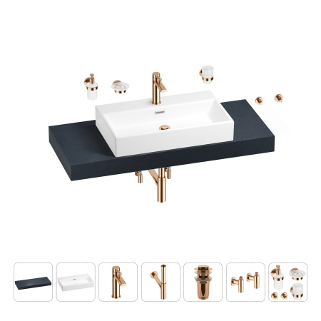 Раковина 70 см со столешницей 120 см Wellsee Graceful Pro 201012709 в наборе 10 в 1: столешница, раковина, смеситель, сифон, донный клапан, угловые вентили, аксессуары (цвет розовое золото)