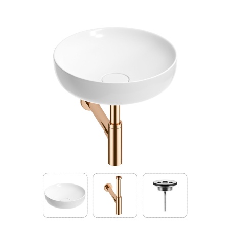 Раковина для ванной Wellsee Chalice Perfection 201001169 в наборе 3 в 1: круглая раковина белого глянцевого цвета, сифон, выпуск в цвете розовое золото
