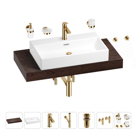 Раковина 70 см со столешницей 100 см Wellsee Graceful Pro 201012663 в наборе 10 в 1: столешница, раковина, смеситель, сифон, донный клапан, угловые вентили, аксессуары (цвет золото)