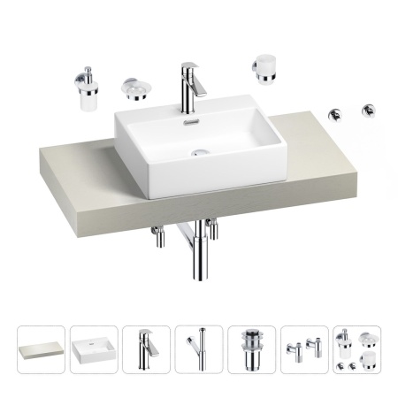 Раковина 50 см со столешницей 100 см Wellsee Graceful Pro 201012451 в наборе 10 в 1: столешница, раковина, смеситель, сифон, донный клапан, угловые вентили, аксессуары (цвет хром)