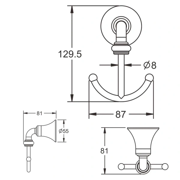 Крючок для ванной комнаты двойной Rose RG1221, хром