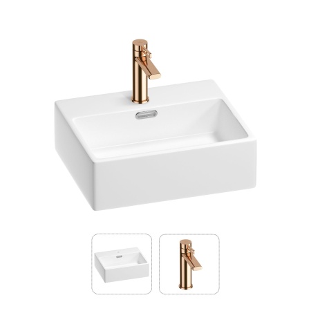 Раковина для ванной Wellsee Graceful Pro 201000784 в наборе 2 в 1: прямоугольная раковина белого глянцевого цвета, смеситель в цвете розовое золото