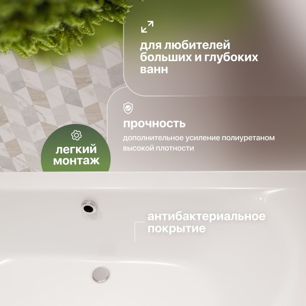 Акриловая ванна STWORKI Хадстен 180x80 см, пристенная, белая, с каркасом