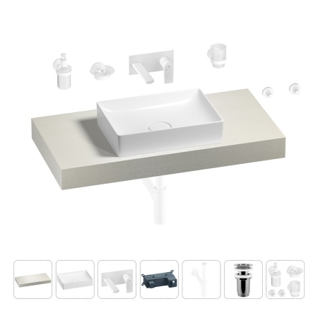 Раковина 50 см со столешницей 100 см Wellsee Pure BY Wellsee 201011205 в наборе 9 в 1: столешница, раковина, встраиваемый смеситель, сифон, выпуск, аксессуары (цвет набора матовый белый)