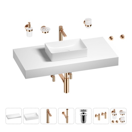 Раковина 42 см со столешницей 100 см Wellsee Pure BY Wellsee 201010864 в наборе 10 в 1: столешница, раковина, высокий смеситель, сифон, выпуск, кран-вентили, аксессуары (цвет розовое золото)