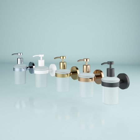 Стеклянный дозатор для жидкого мыла с латунным настенным держателем Wellsee Finishing Touch 182514000 (цвет дозатора матовый, цвет держателя розовое золото). Для применения в ванной комнате и кухне