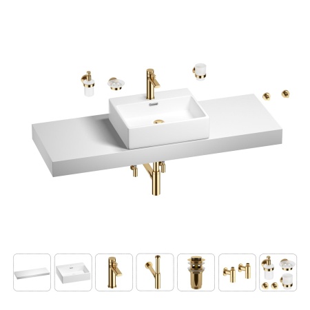 Раковина 50 см со столешницей 140 см Wellsee Graceful Pro 201012618 в наборе 10 в 1: столешница, раковина, смеситель, сифон, донный клапан, угловые вентили, аксессуары (цвет золото)